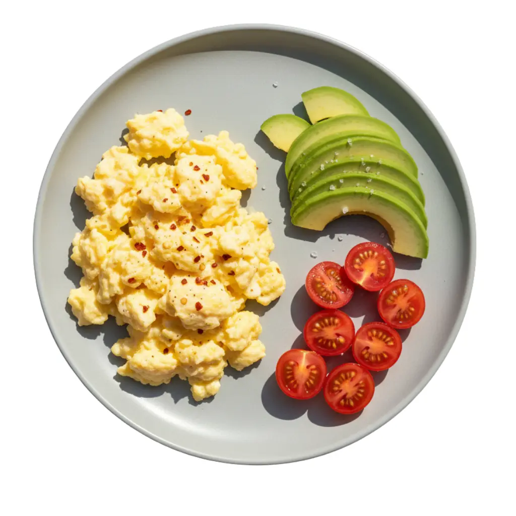 Huevos revueltos + aguacate + tomate